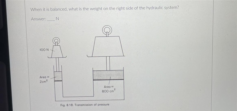 When it is balanced, what is the weight on the right side of the hydraulic system-example-1