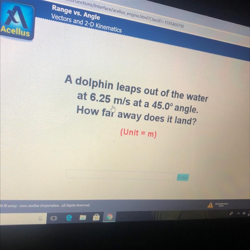 A dolphin leaps out of the waterat 6.25 m/s at a 45.0° angle.JhingHow far away does-example-1