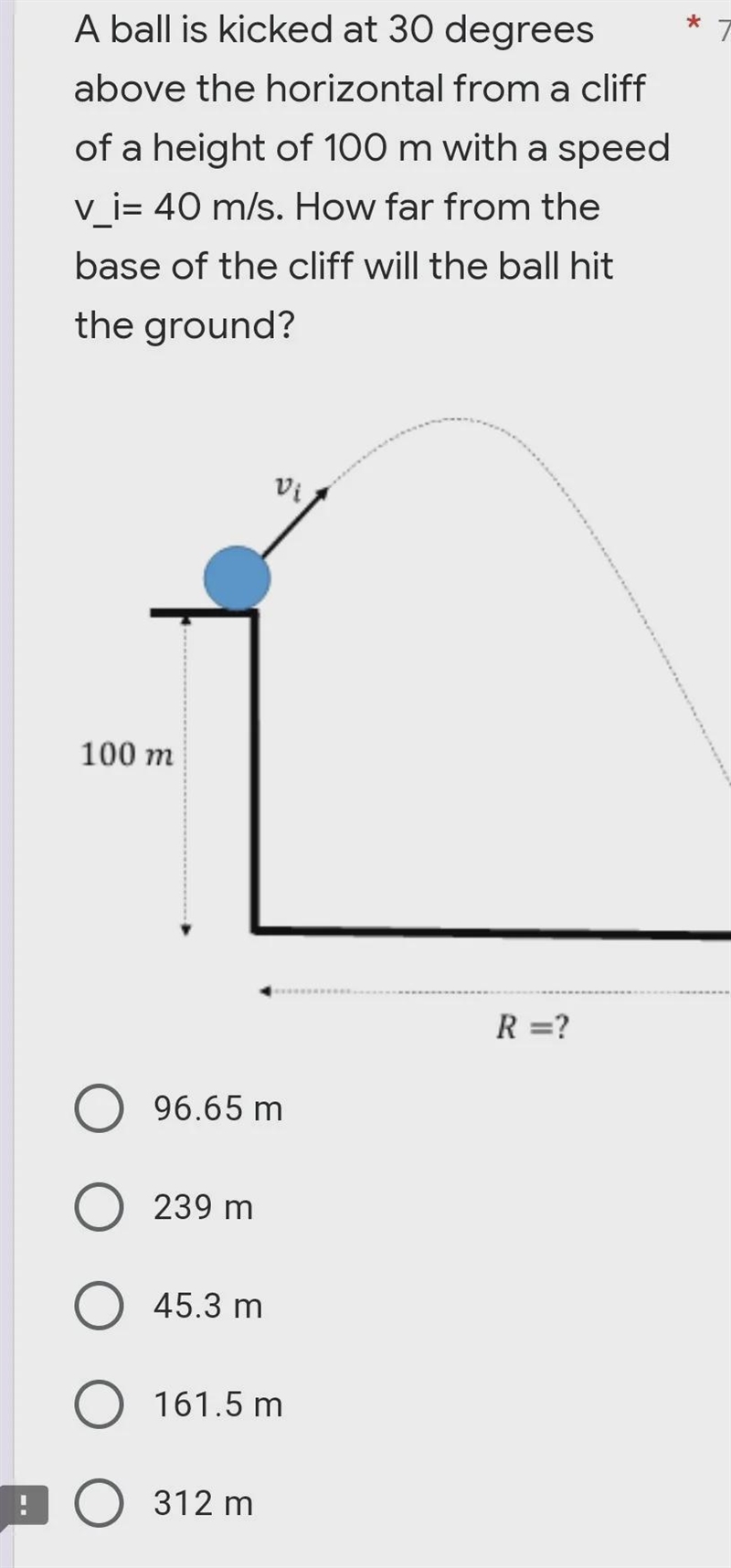 A ball is kicked at 30 degrees above the horizontal from a cliff of a height of 100 m-example-1