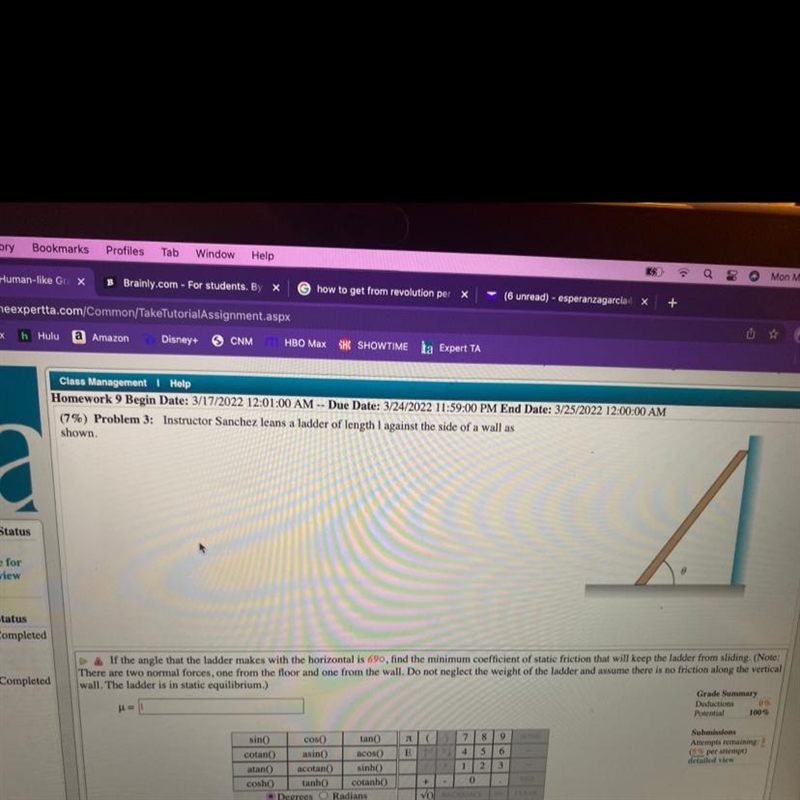 If the angle that the ladder makes with the horizontal is 69◦, find the minimum coefficient-example-1