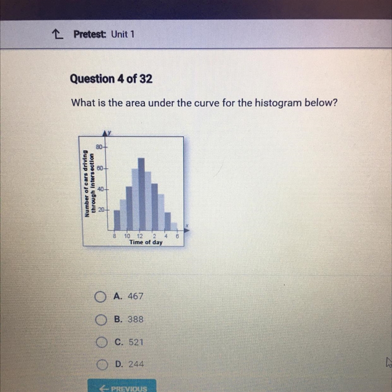 What is the area under the curve for the histogram below? A. 467 B. 388 C. 521 D. 244-example-1