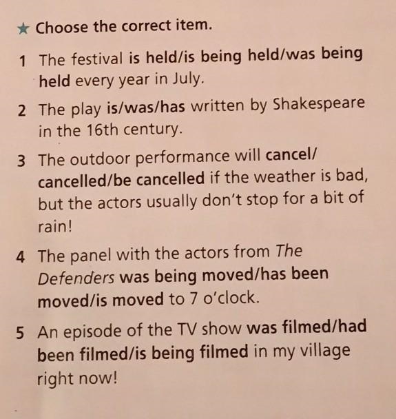 1 * Choose the correct item. 1 The festival is held/is being held/was being held every-example-1