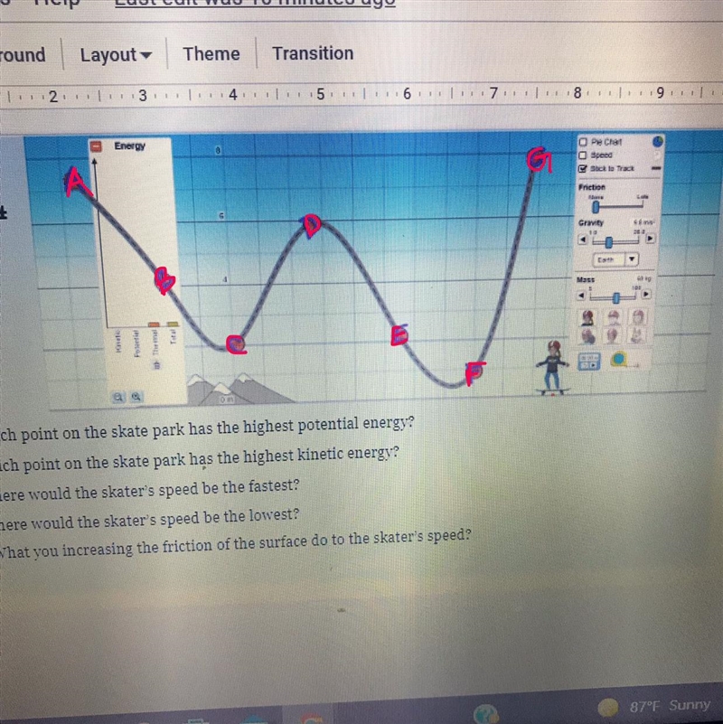 6. Which point on the skate park has the highest potential energy? 7. Which point-example-1