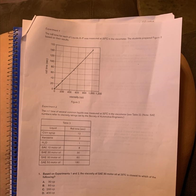 based on experiment 1 and 2, the viscosity of SAE 30 motor oil at 25°C is closest-example-1