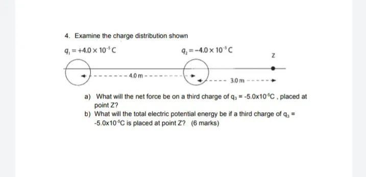 Examine the charge distribution shown a) What will the net force be on a third charge-example-1