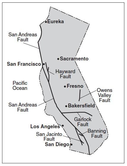 The map represents the state of California. The San Andreas Fault and several associated-example-1