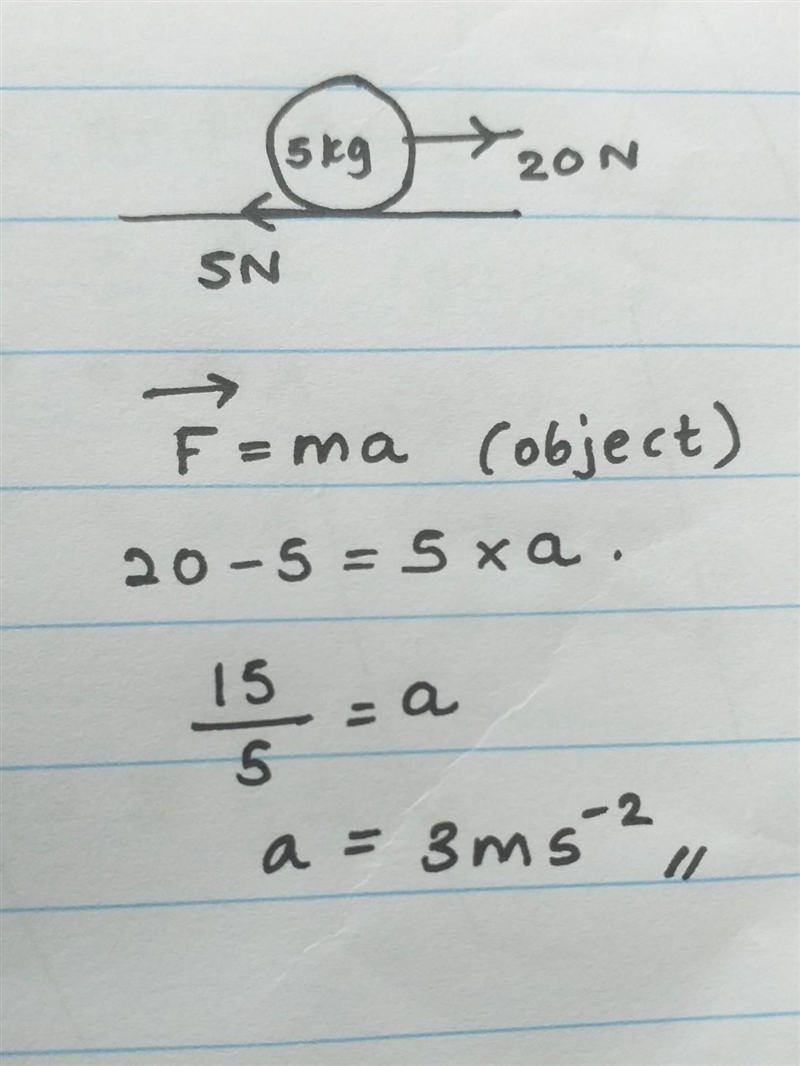 A 20 N force pulls to the right and friction pulls 5 N. If the mass is 5 kg, find-example-1