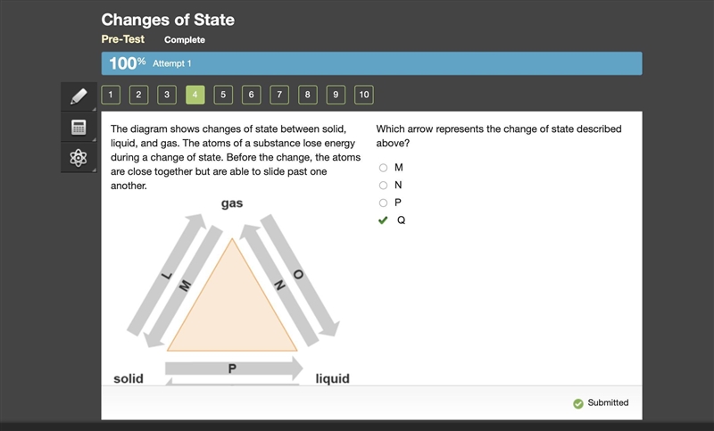 The diagram shows changes of state between solid, liquid, and gas. The atoms of a-example-1