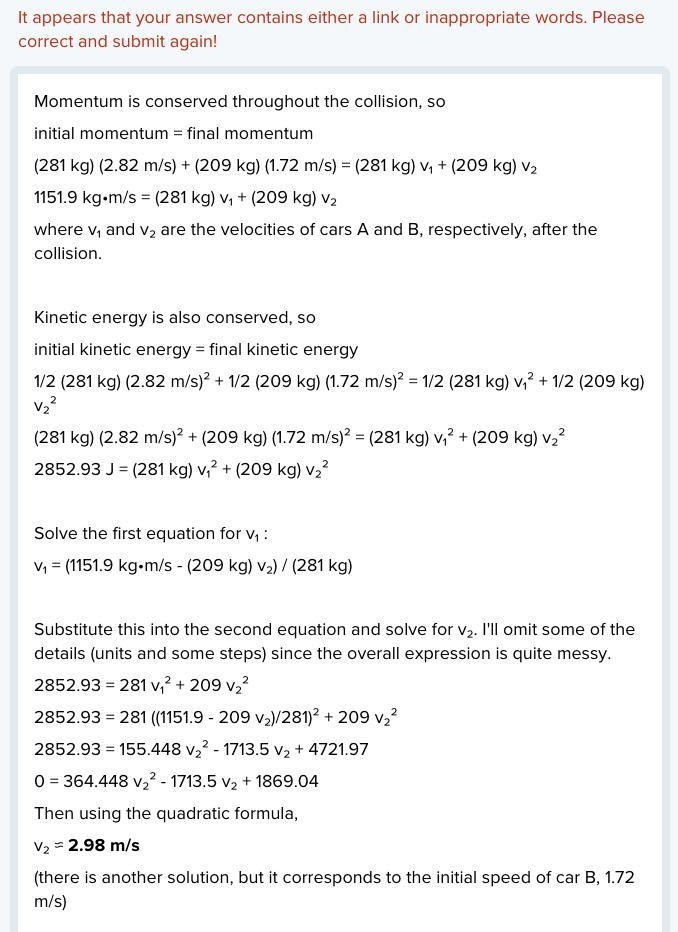 Bumper car A (281 kg) moving +2.82 m/s makes an elastic collision with bumper car-example-1