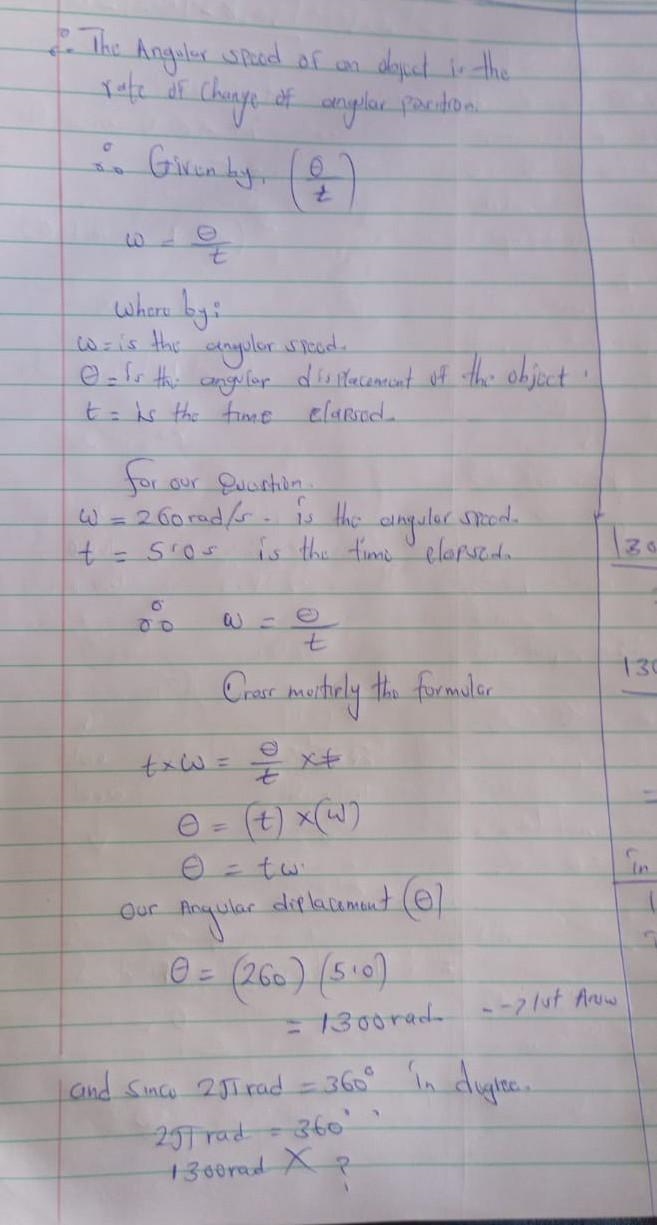 An airplane propeller rotates with an angular speed of 260rad/s. Through what angle-example-1