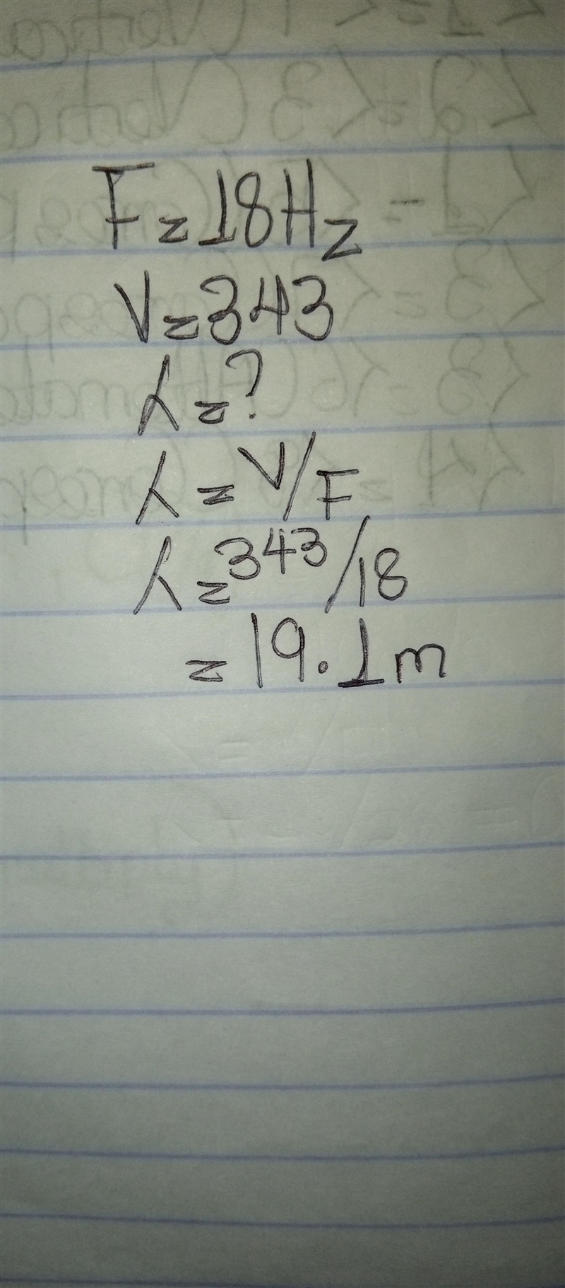 A periodic wave having a frequency of 18 hertz and a speed of 343 meters per second-example-1