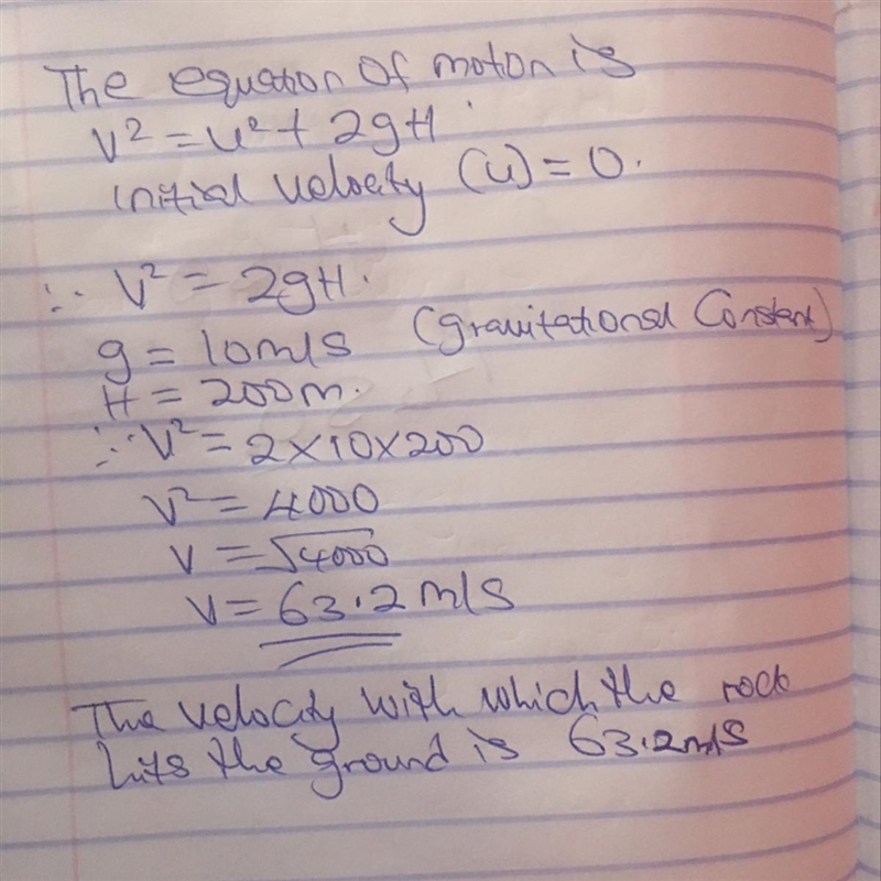 1) A rock is dropped from a cliff with a height of 200 m. With what velocity will-example-1