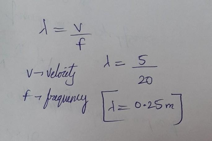 A wave has a frequency of 20.0 Hz and a velocity of 5.0 m/s. What is its wavelength-example-1