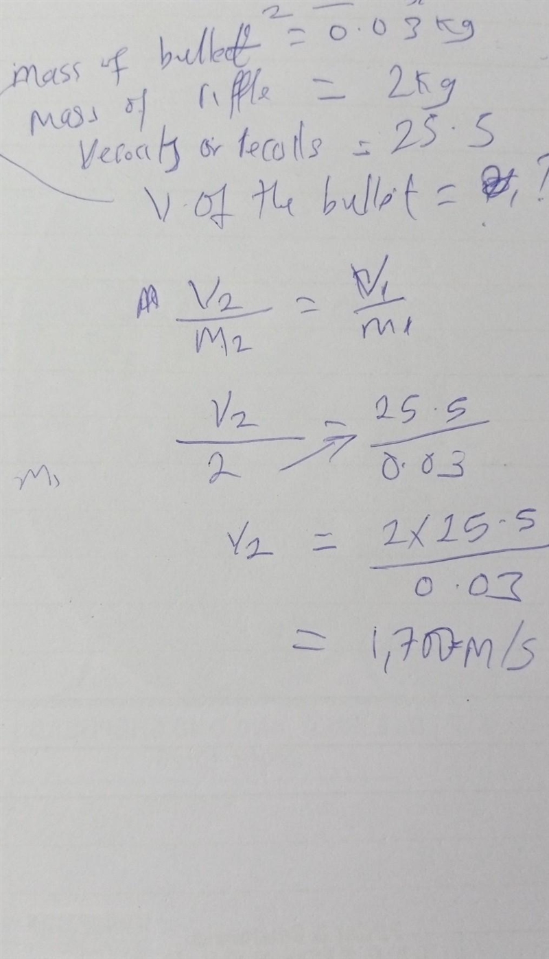 A bullet of mass 0.03 kg is fired from a rifle of mass 2kg, which recoils with a velocity-example-1