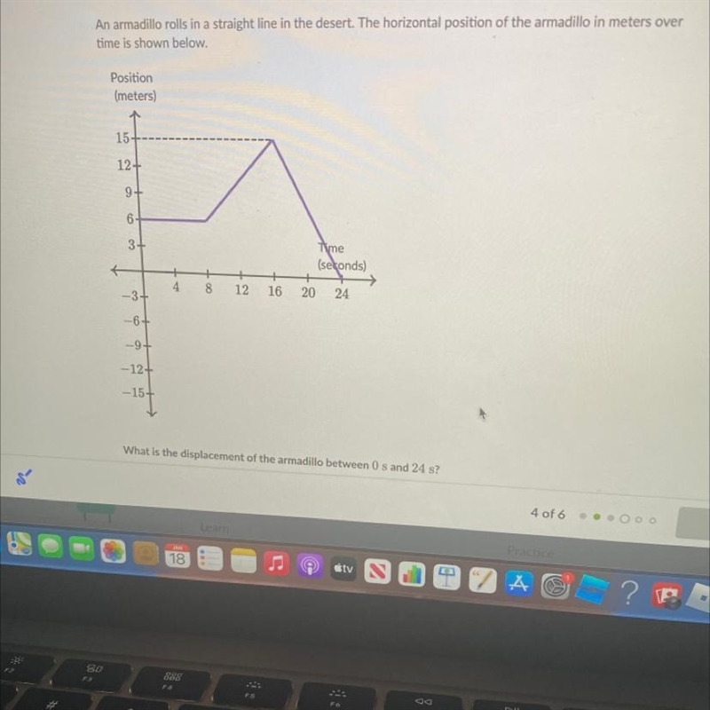 What is the displacement of the armadillo between 0s and 24s ? What is the distance-example-1