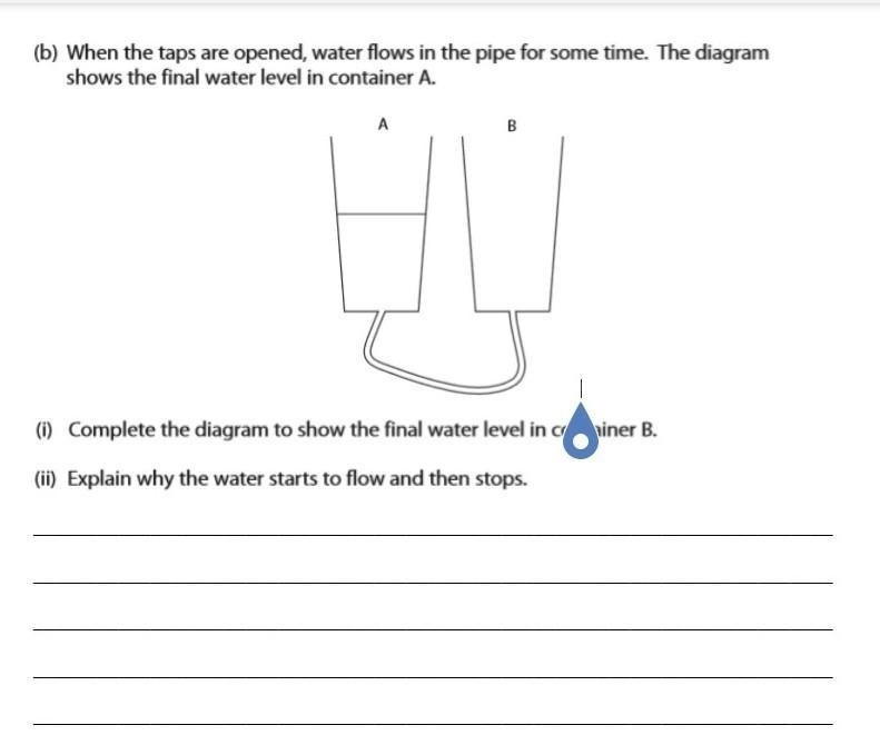 (b) When the taps are opened, water flows in the pipe for some time. The diagram shows-example-1