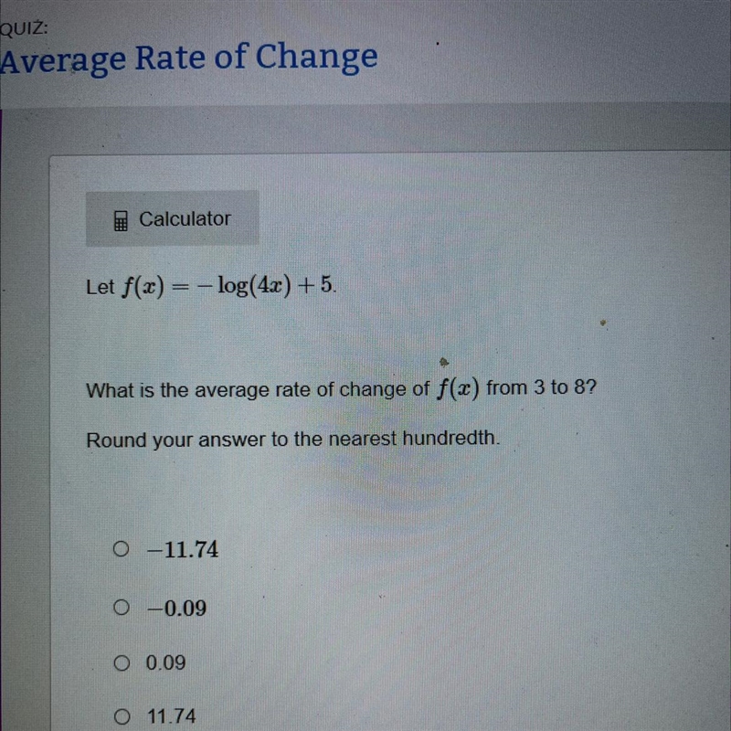 Let f(x) = -log(4x) + 5. What is the average rate of change of f(x) from 3 to 8? Round-example-1