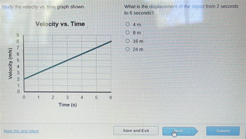 Study the velocity vs. time graph shown. What is the displacement of the object from-example-1