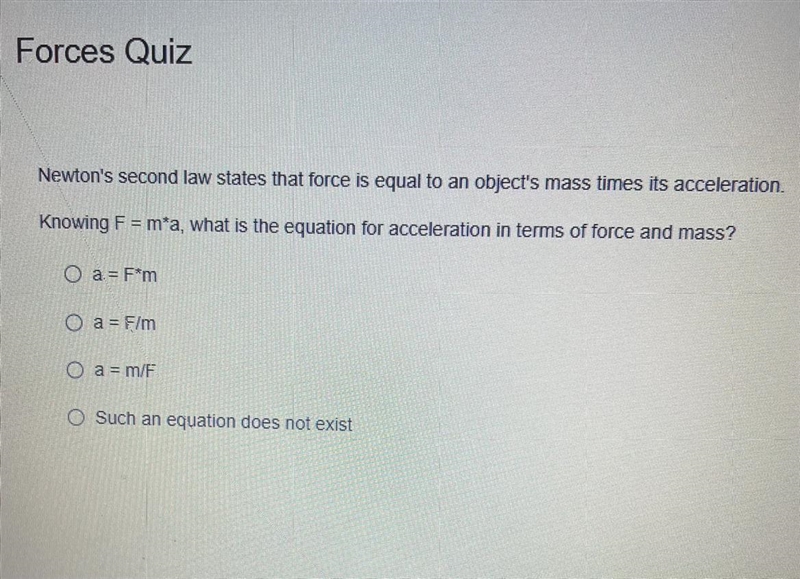 Newton's second law states that force is equal to an object's mass times its acceleration-example-1