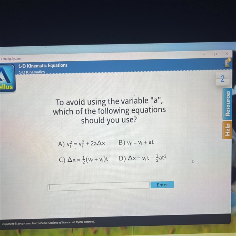 Which equation can be used to solve for acceleration? t=v/a vf=at-vi a=d/t v=a/t-example-1