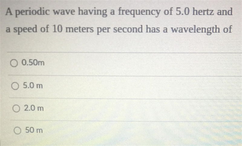 A periodic wave having a frequency of 5.0 hertz and a speed of 10 meters per second-example-1