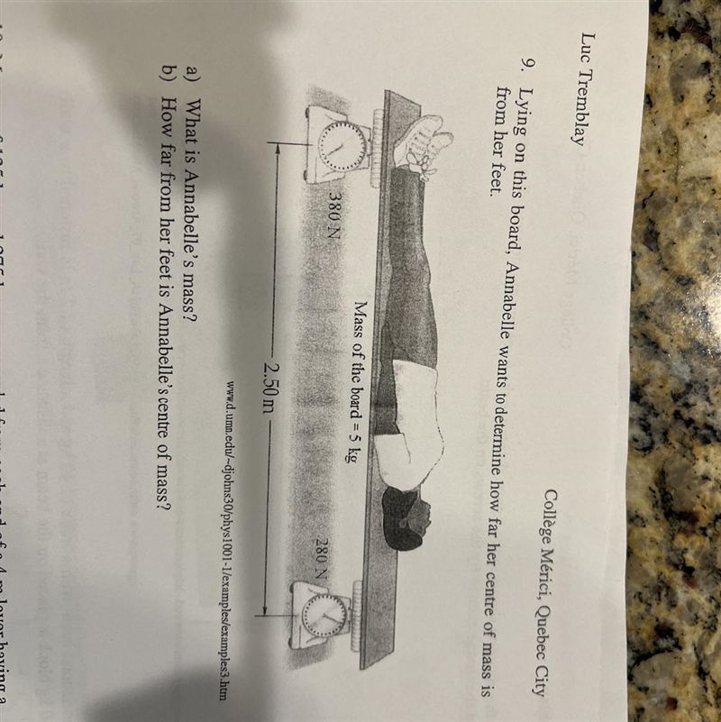 9. Lying on this board, Annabelle wants to determine how far her center of mass is-example-1