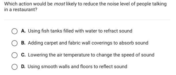 Which action would be most likely to reduce the noise level of people talking in a-example-1