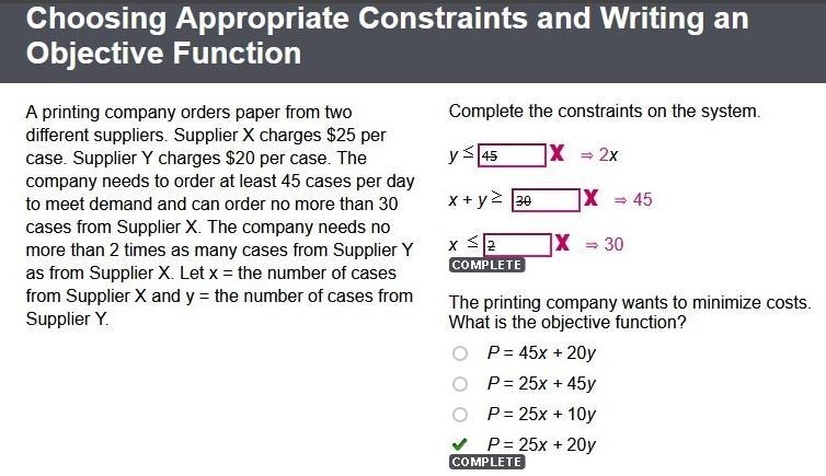 The printing company wants to minimize costs. what is the objective function? p = 45x-example-1