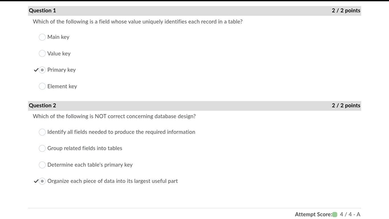 Which of the following is not correct concerning database design? question 2 options-example-1