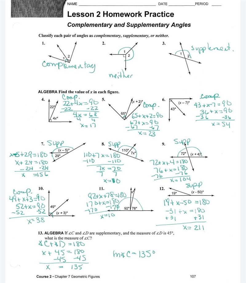 Lesson 2 homework practice complementary and supplementary angles-example-1