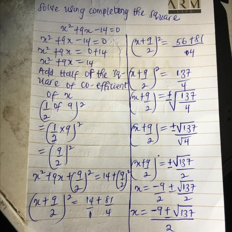 Solve the equation by completing the square x^2+9x-14=0-example-1