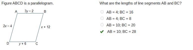 What are the lengths of line segments ab and bc? ab = 4; bc = 16 ab = 4; bc = 8 ab-example-1