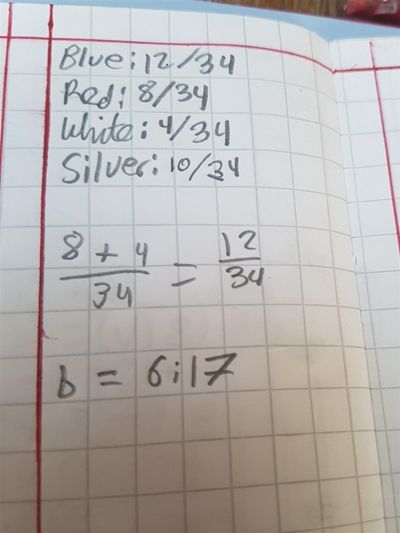 Of the 34 cars in a parking lot, 12 are blue, 8 are red, 4 are white, and 10 are silver-example-1