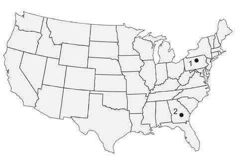 Which statement BEST compares the climates of the two locations shown on the map? A-example-1