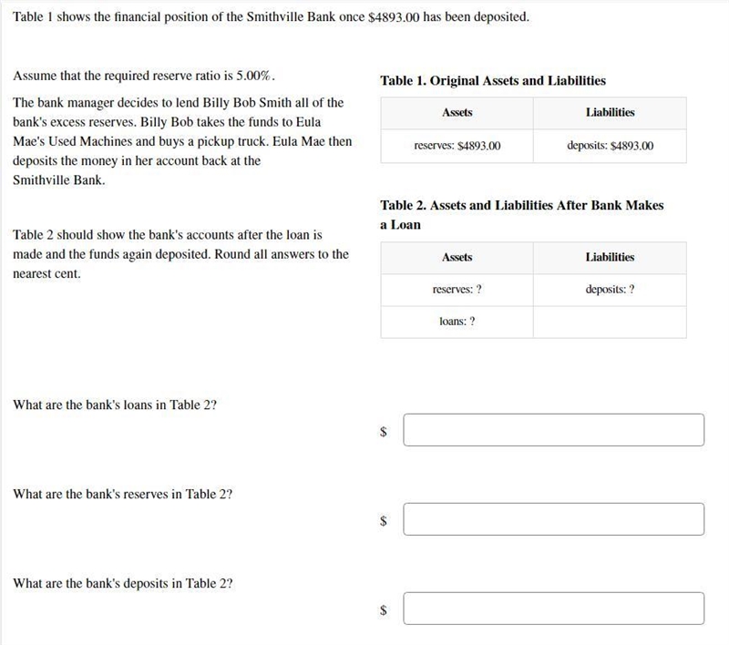 Table 1 shows the financial position of the Smithville Bank once $4893.00 has been-example-1