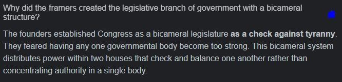 Why did the framers of the constitution create the legislative branch with a bicameral-example-1