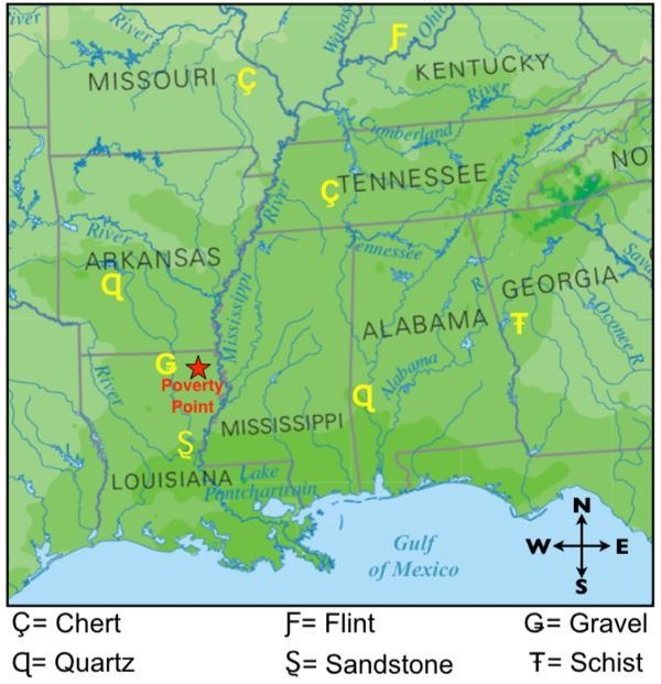 This map shows the location of Poverty Point, as well as the source locations of types-example-1