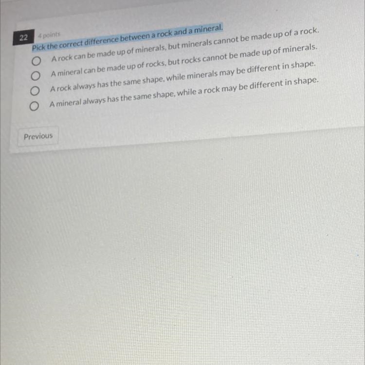 Pick the correct difference between a rock and a mineral-example-1