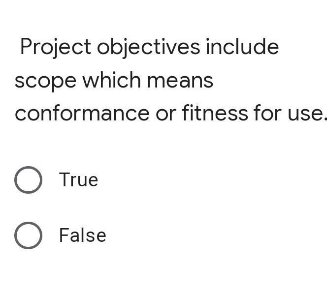 Project objectives include scope which means conformance or fitness for use true false-example-1