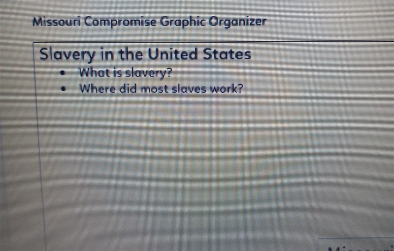 Missouri Compromise Graphic Organizer What is slavery Where did most slaves work​-example-1