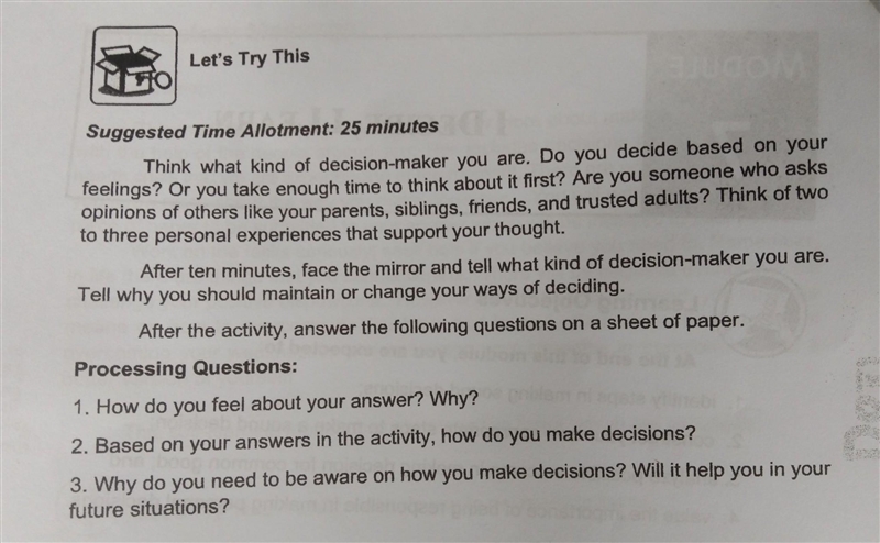 Suggested Time Allotment: 25 minutes Think what kind of decision- maker you are. Do-example-1