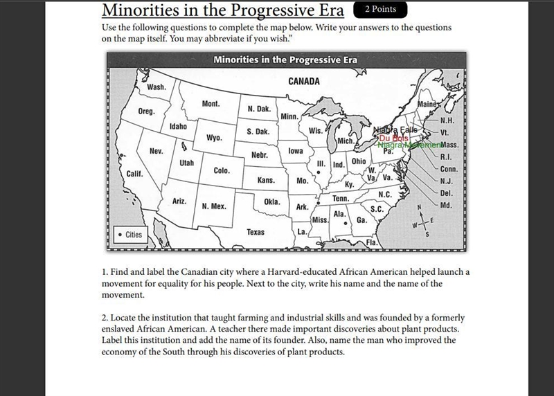 1. Find and label the Canadian city where a Harvard-educated African American helped-example-1