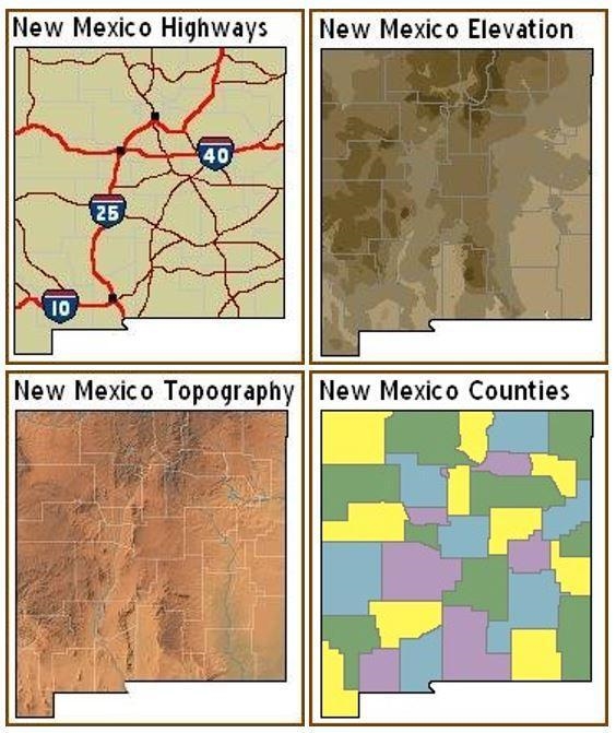 The State of New Mexico is shown in four different maps above - physical, political-example-1