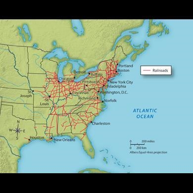 Please Help! Looking at the map, you can see that most of the railroad mileage runs-example-1