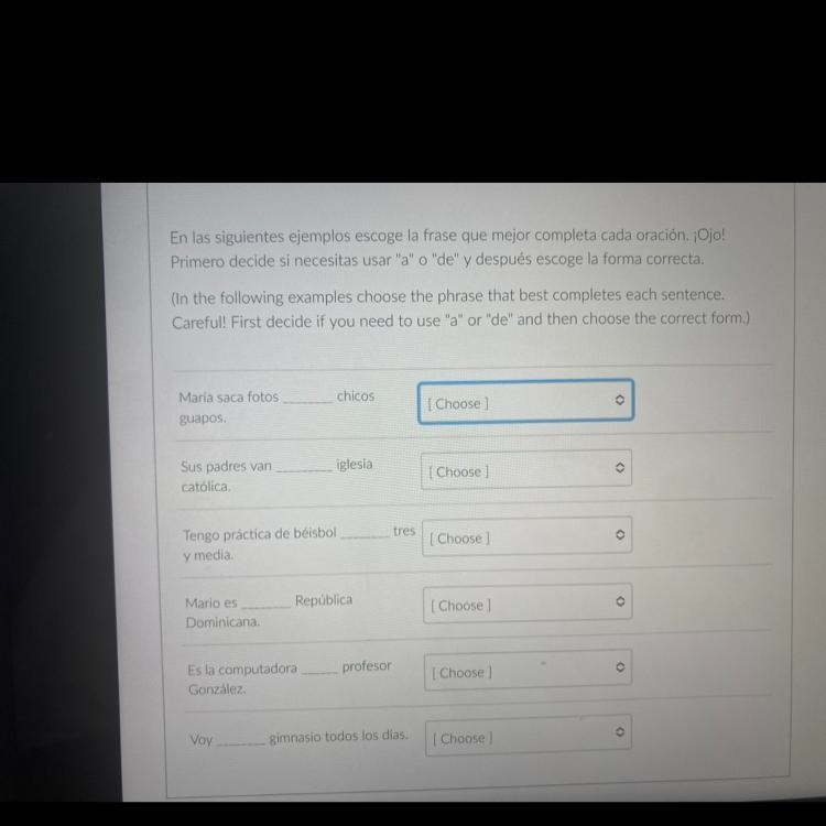 The 6 options include: - de los - a la - a las - del - de la - al-example-1