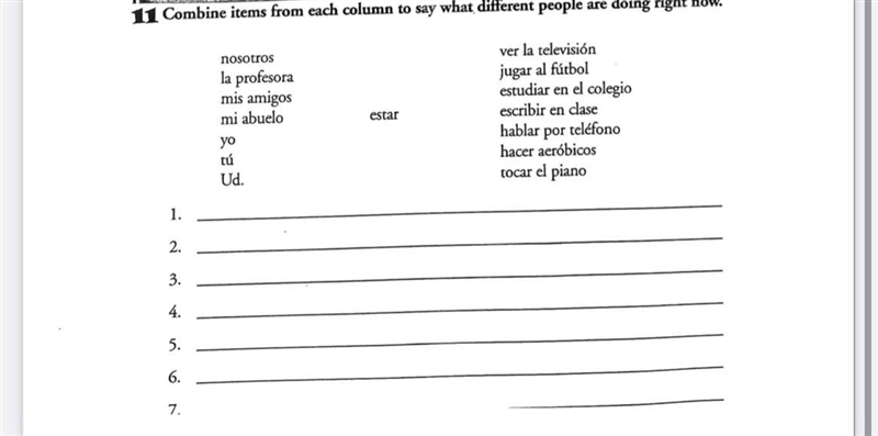 Combine items from each column to say what different people are doing right how-example-1