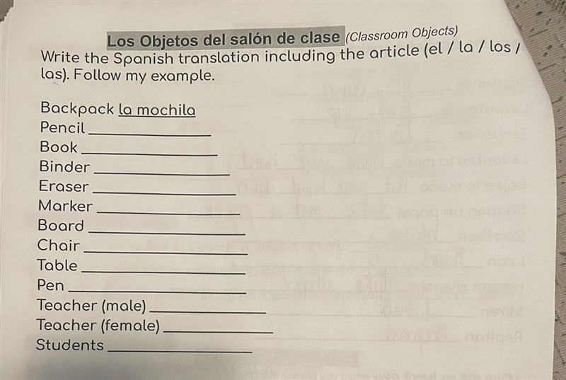 I need you to answer all of them in Spanish using the correct article.-example-1