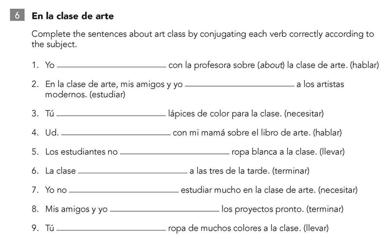 Complete the sentences about art class by conjugating each verb correctly according-example-1