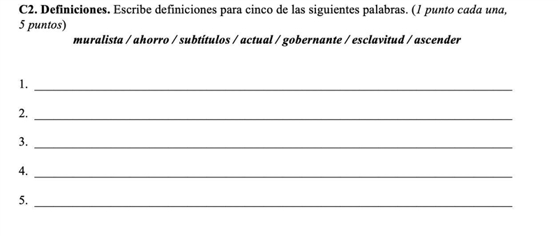 Escribe definiciones para cinco de las siguientes palabras-example-1