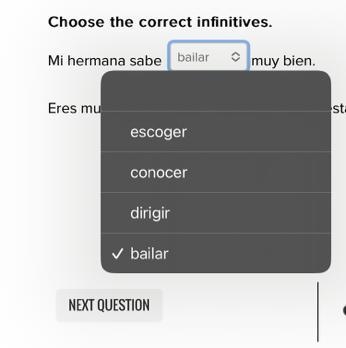 Choose the correct infinitives. Mi hermana sabe muy bien.-example-1